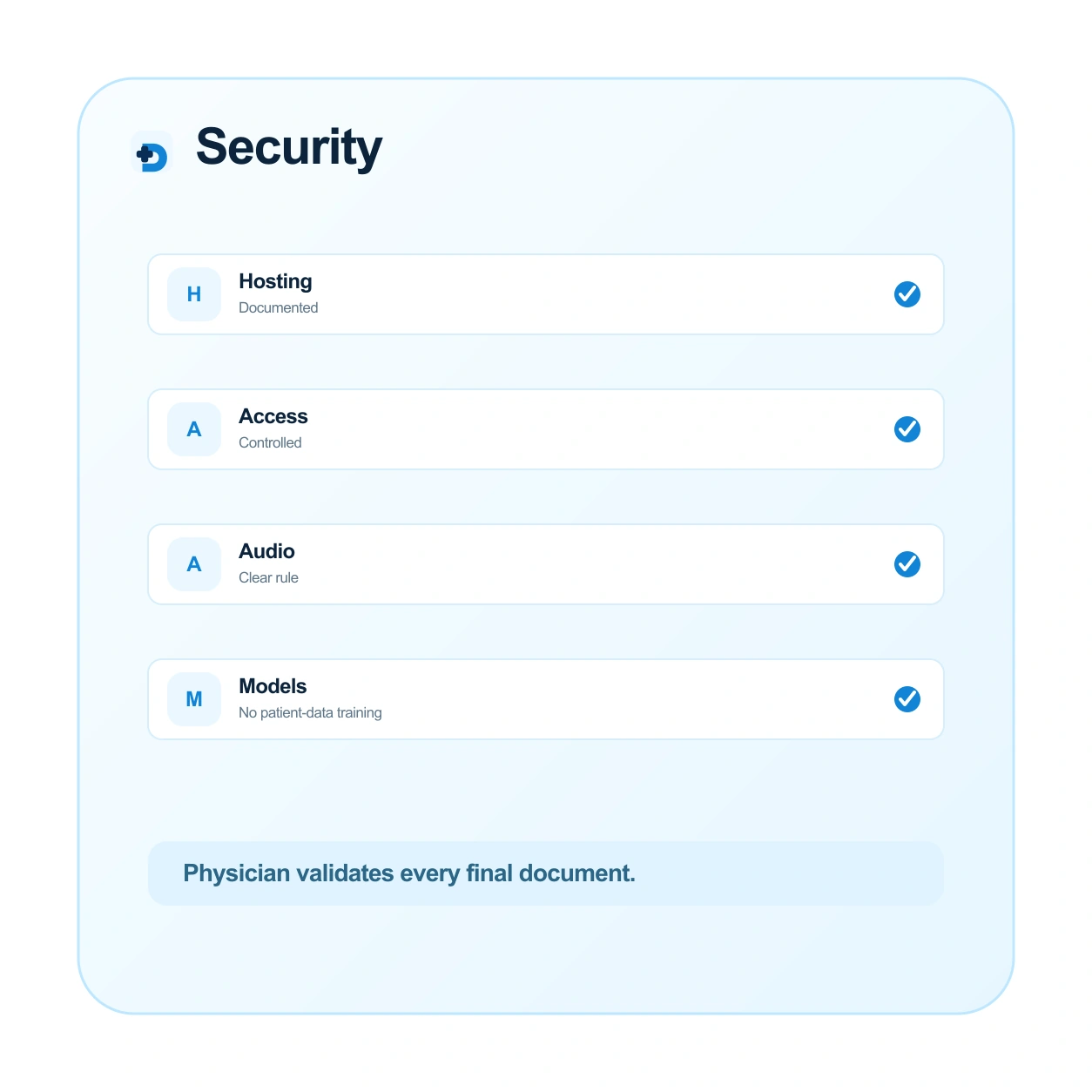 Doctalis security summary: documented hosting, controlled access, clear audio rule, no training on patient data