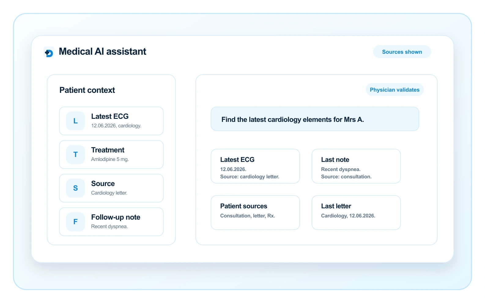 Doctalis assistant showing sources before physician validation